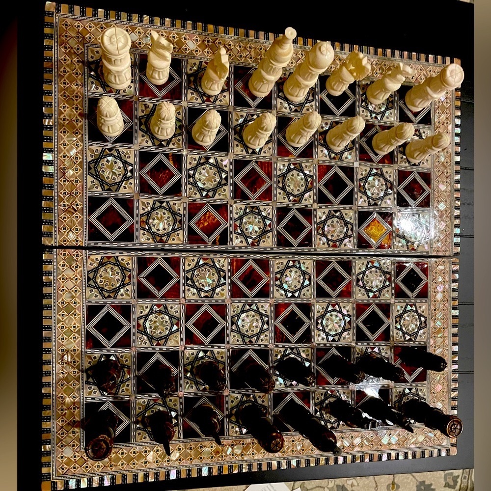 Mother Of Pearl And Wood Egyptian Handmade Chess And Backgammon Board And Pieces